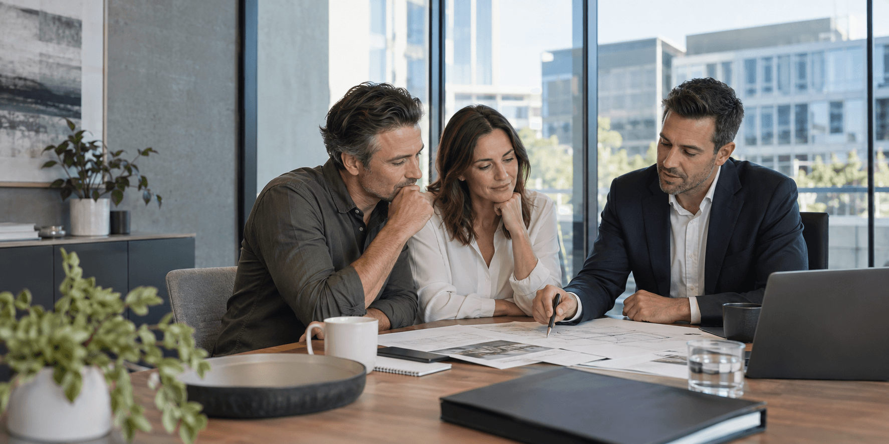 Business owners discussing a property-backed funding proposal with an adviser